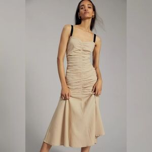 Anthropologie Atsu‎ Summer Ruched Midi Dress Beige Women's Size 16 Petite